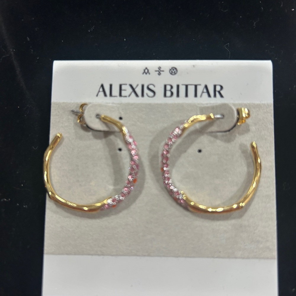 Alexis Bittar Gold Hoop Earrings with Pink Crystal Accents - Picture 2 of 6